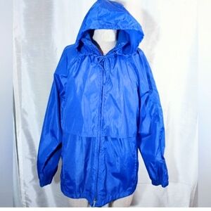 Eddie Bauer Windbreaker Jacket, Hide-A Hood/water resistant/ZipUp/Pckts, blue, M